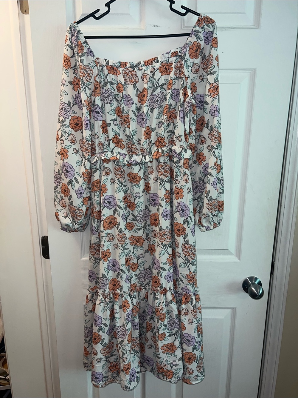 Floral Smock Midi Dress in Cream with Orange & Lavender Flowers - Picture 2 of 2